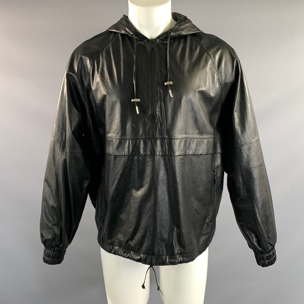AMI Size M Black Leather Hooded Pullover